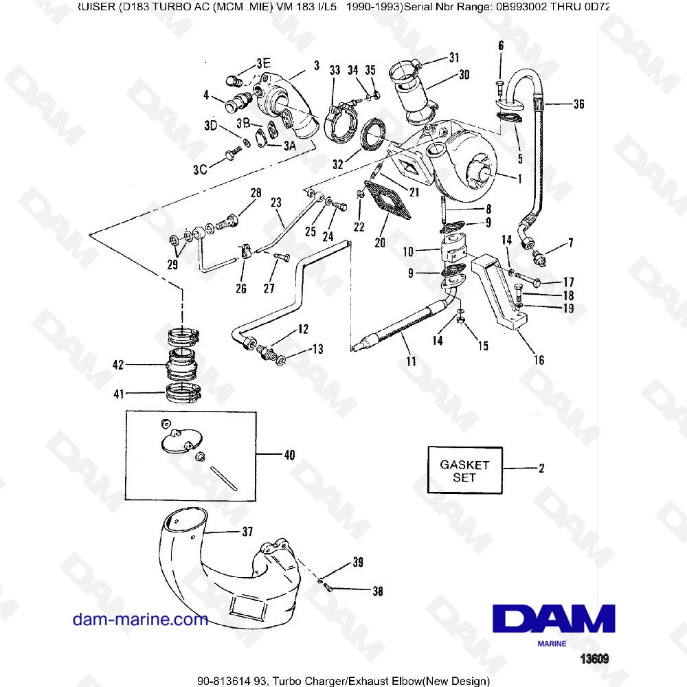 Vue éclatée TURBOCHARGER AND EXHAUST ELBOW pour moteur MERCRUISER D183 TURBO AC