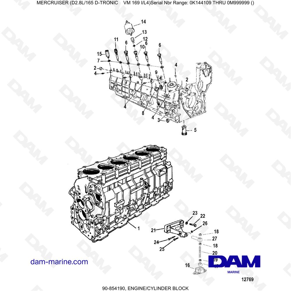 Vue éclatée ENGINE BLOCK/CYLINDERS pour moteur Mercruiser D2.8L 165 D-TRONIC