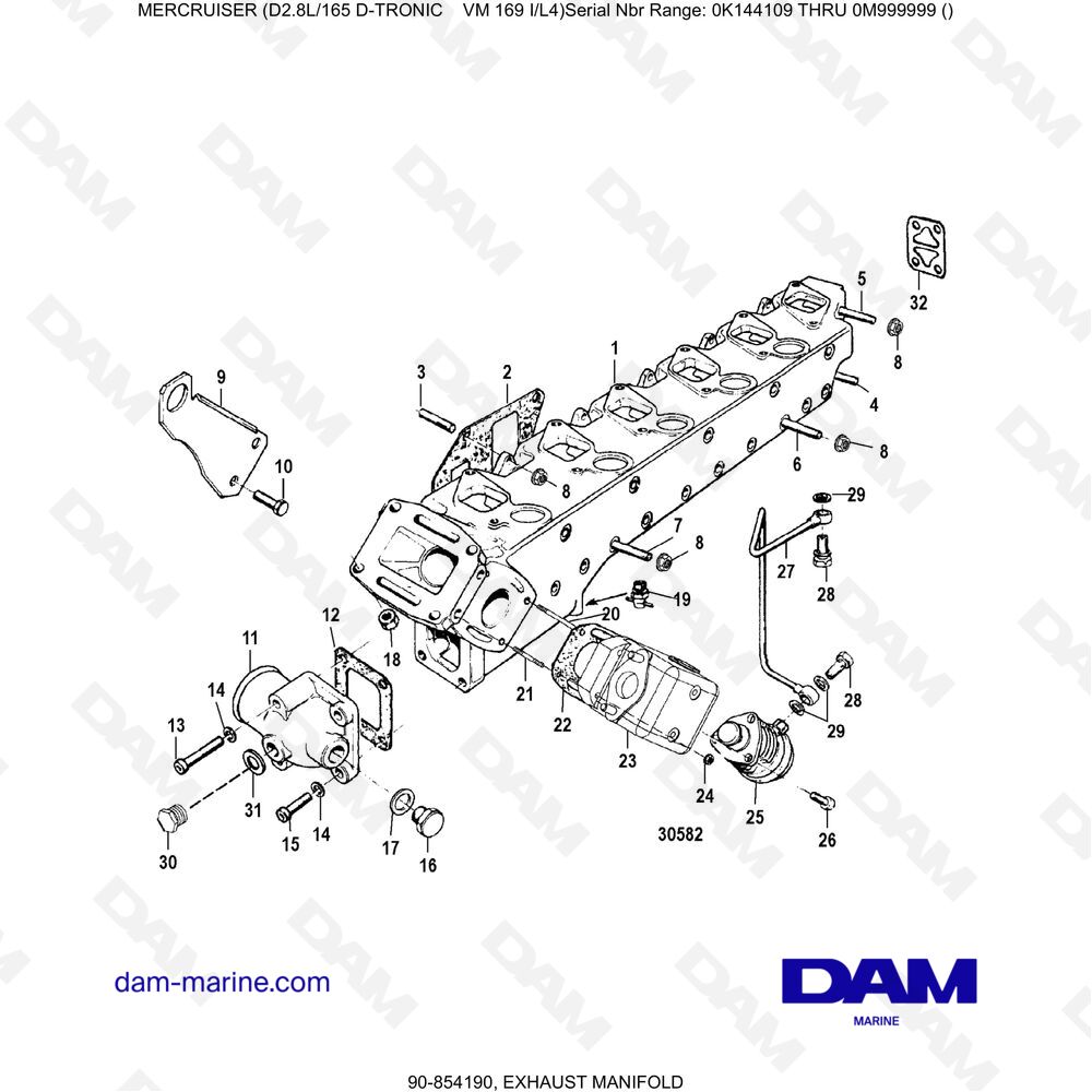 Vue éclatée EXHAUST MANIFOLD pour moteur Mercruiser D2.8L 165 D-TRONIC
