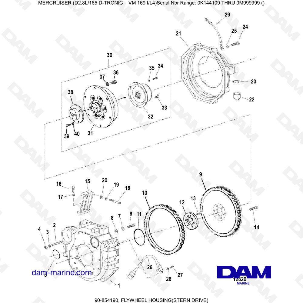 Vue éclatée FLYWHEEL HOUSING (REAR TRANSMISSION) pour moteur Mercruiser D2.8L 165 D-TRONIC
