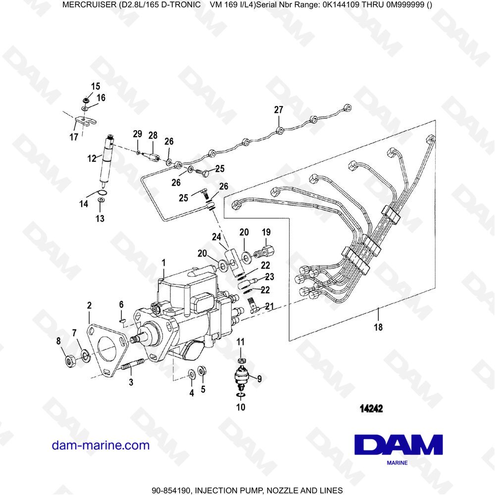 Vue éclatée INJECTION PUMP, NOZZLE AND PIPES pour moteur Mercruiser D2.8L 165 D-TRONIC