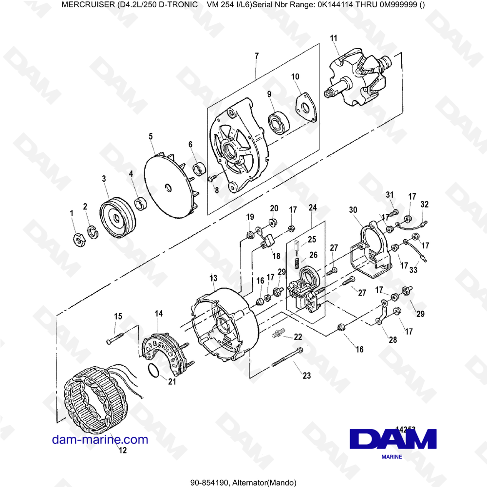 Vue éclatée ALTERNATORE (MANDO) pour moteur Mercruiser D4.2L 250 D-TRONIC
