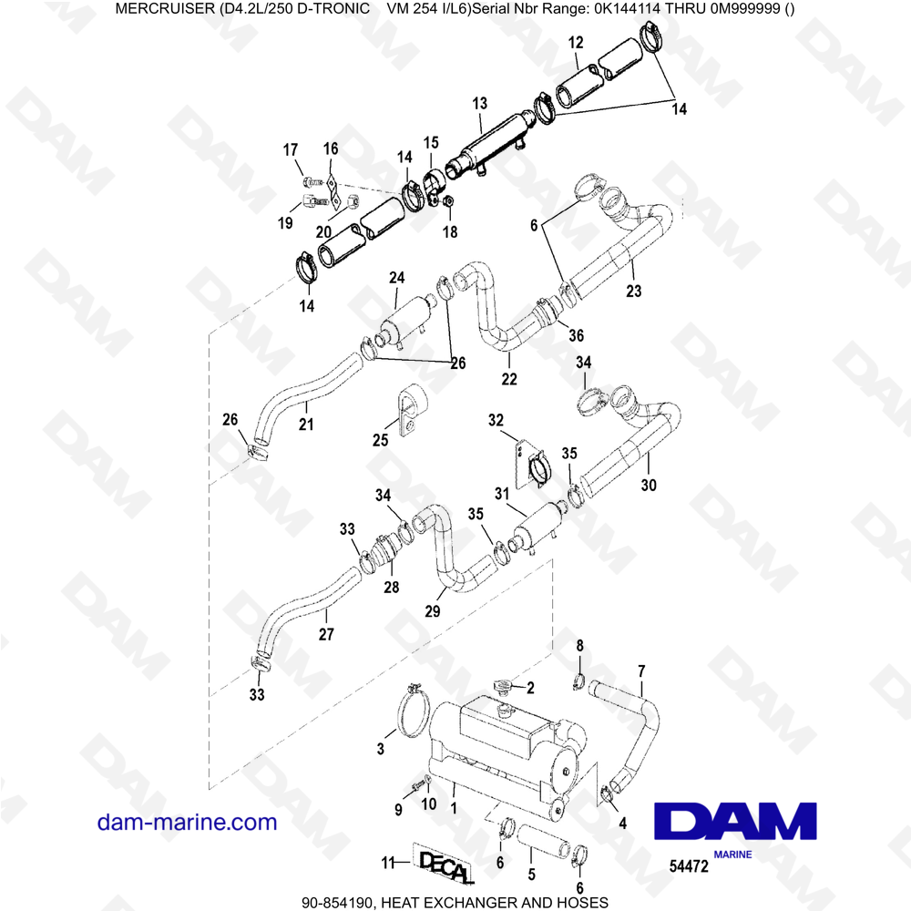 Vue éclatée SCAMBIATORE DI CALORE E TUBI FLESSIBILI pour moteur Mercruiser D4.2L 250 D-TRONIC