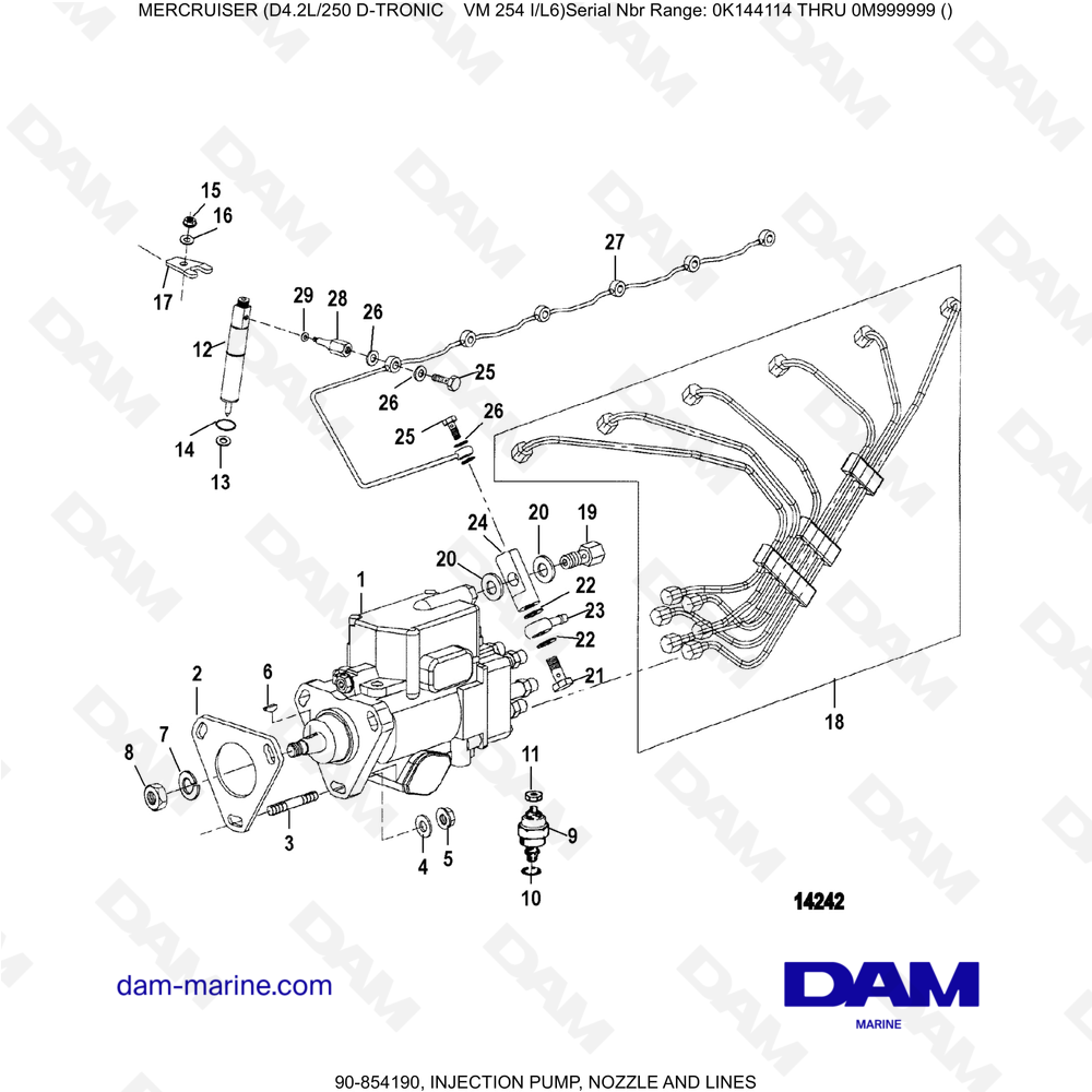 Vue éclatée POMPA DI INIEZIONE, UGELLO E TUBAZIONI pour moteur Mercruiser D4.2L 250 D-TRONIC