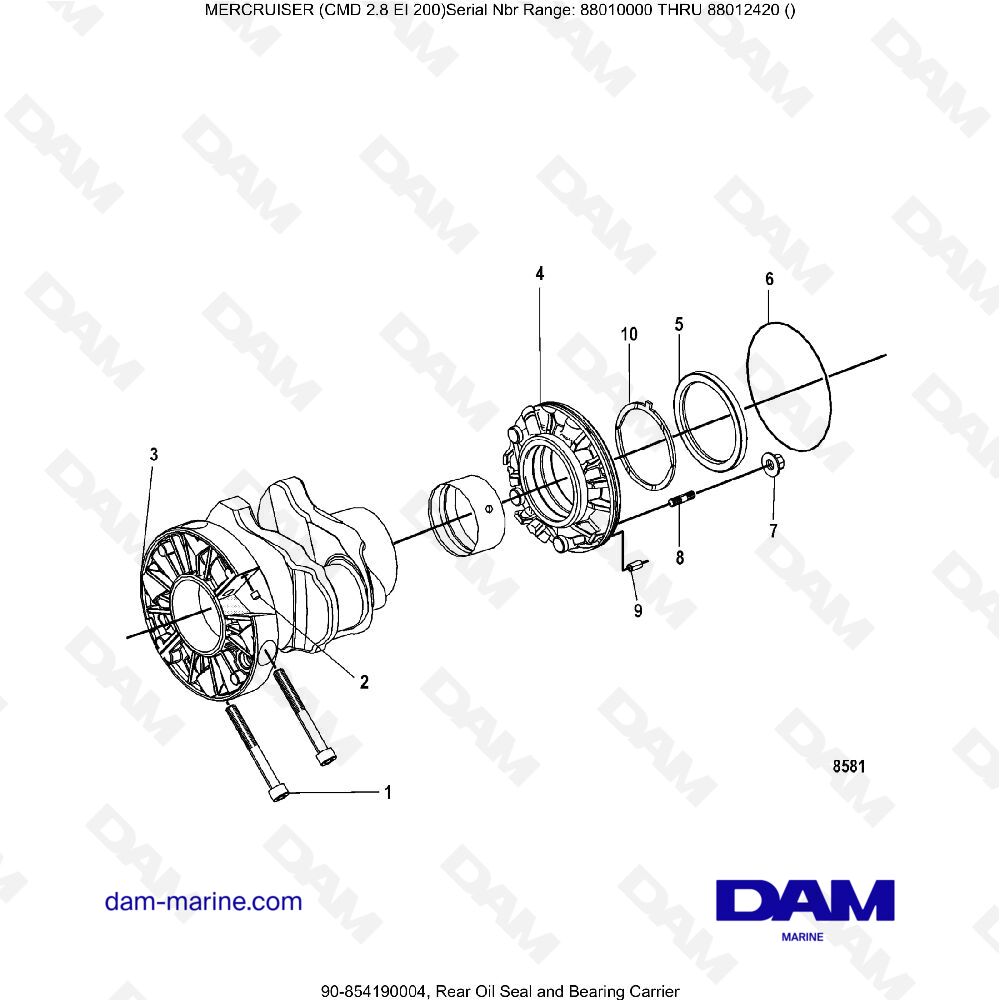 Vue éclatée REAR OIL SEAL AND BEARING SUPPORT pour moteur MERCRUISER CMD 2.8 ES 200