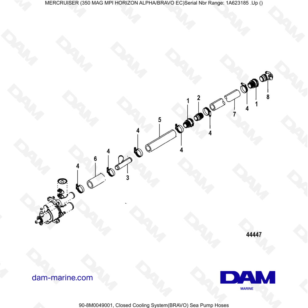 Vue éclatée CLOSED COOLING SYSTEM (BRAVO) SEAWATER PUMP HORSES pour moteur MERCRUISER 350 MAG MPI HORIZON