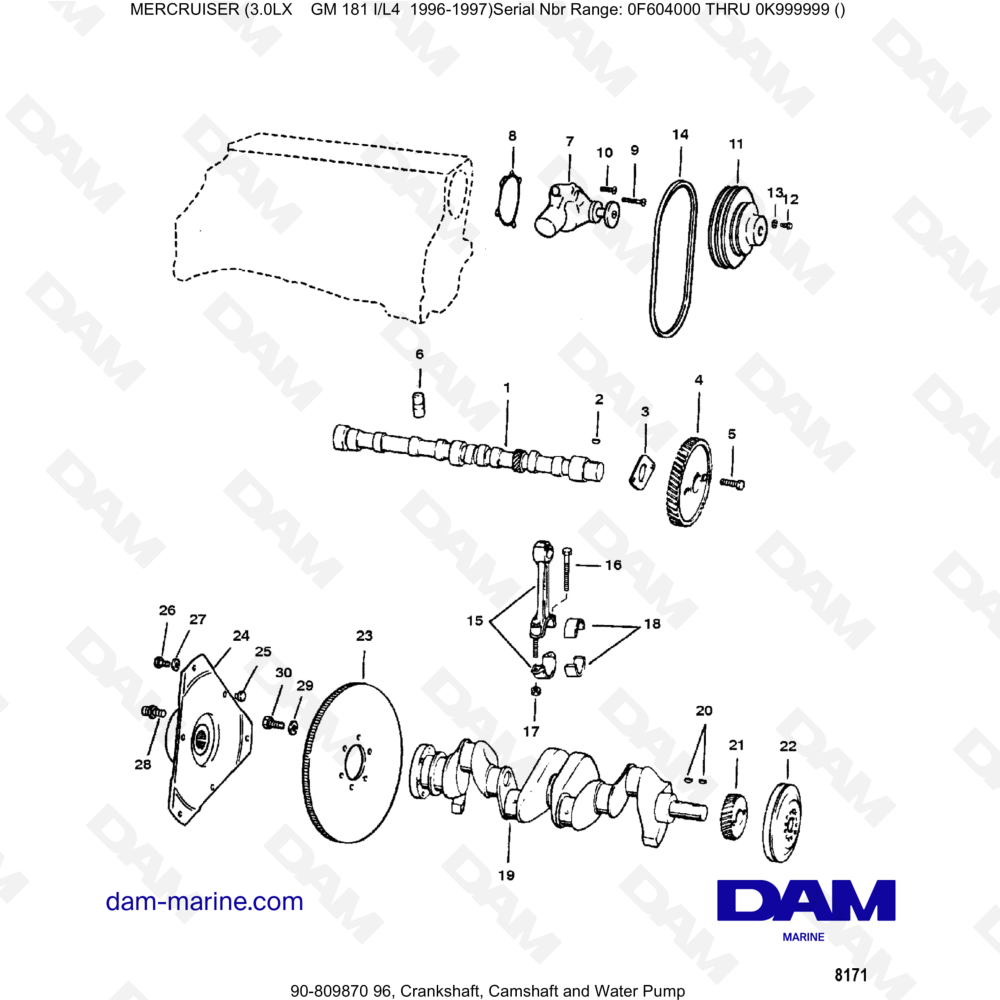 Vue éclatée CIGÜEÑAL, ÁRBOL DE LEVAS Y BOMBA DE AGUA pour moteur MERCRUISER 3.0LX GM181