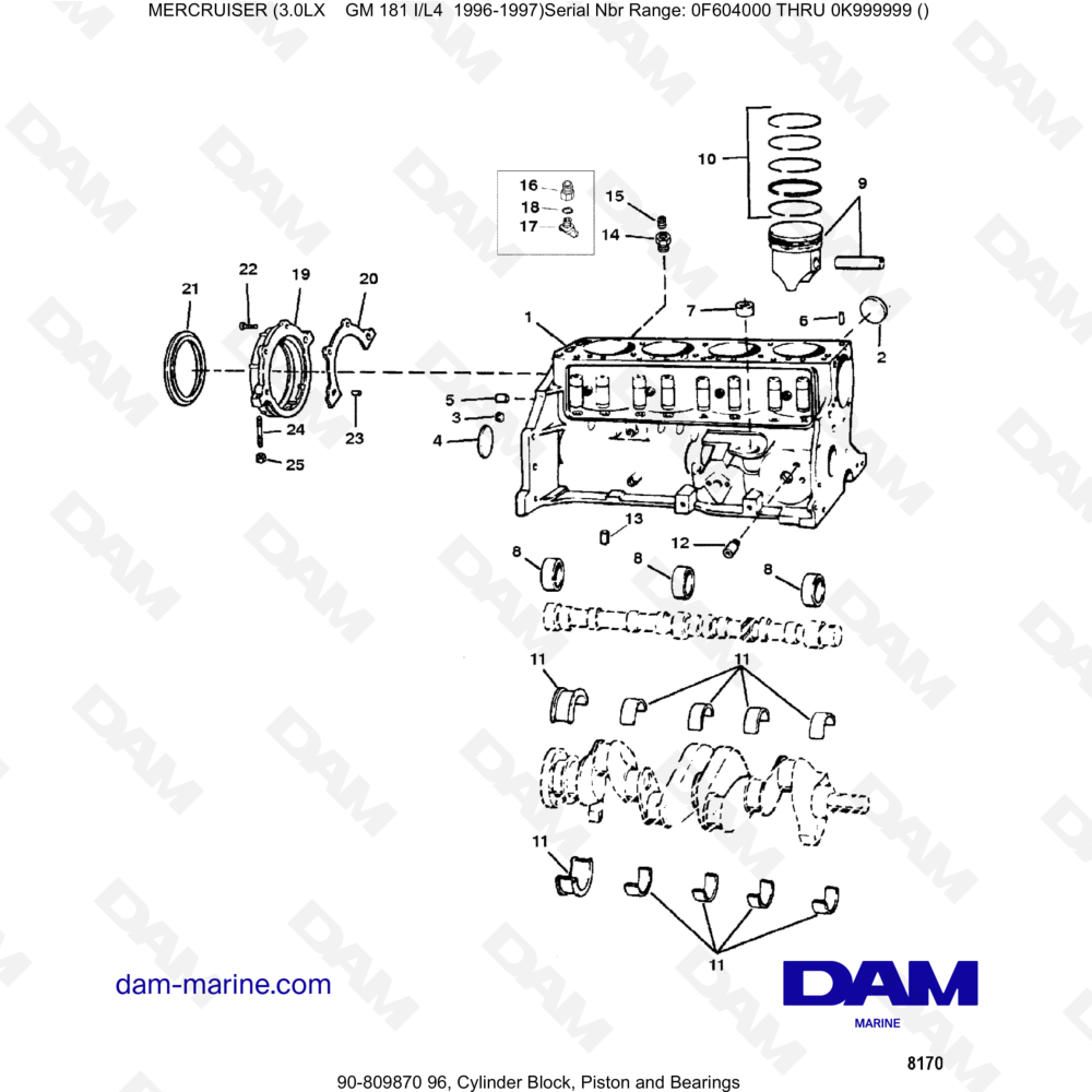 Vue éclatée BLOQUE DE CILINDROS, PISTÓN Y COJINETES pour moteur MERCRUISER 3.0LX GM181