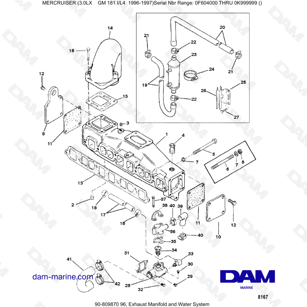 Vue éclatée COLECTOR DE ESCAPE Y SISTEMA DE AGUA pour moteur MERCRUISER 3.0LX GM181