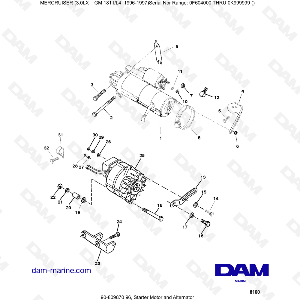 Vue éclatée MOTOR DE ARRANQUE Y ALTERNADOR pour moteur MERCRUISER 3.0LX GM181