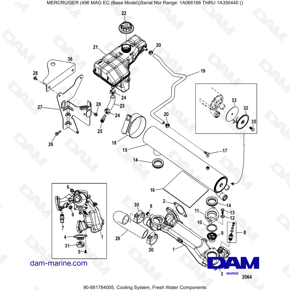 Vue éclatée SISTEMA DI RAFFREDDAMENTO, COMPONENTI DELL'ACQUA DOLCE pour moteur MERCRUISER 8.1L 496 MAG EC
