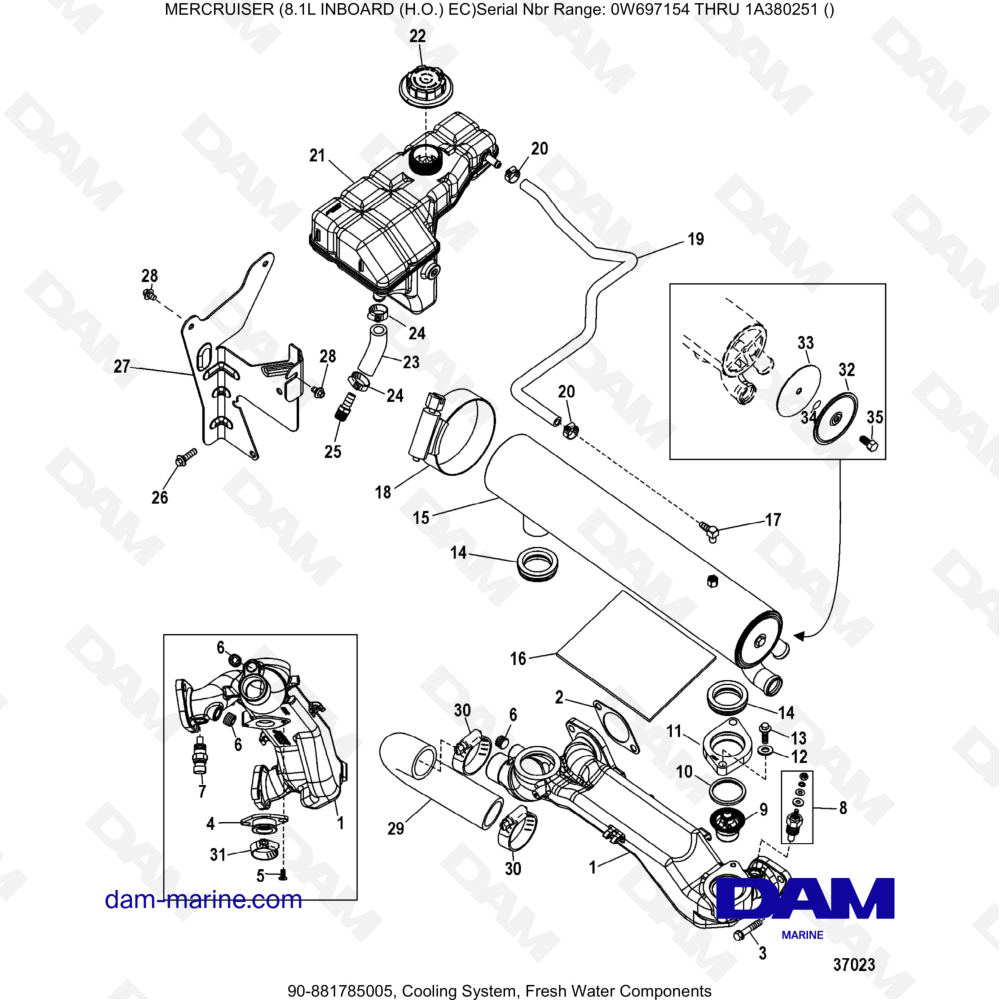 Vue éclatée SISTEMA DI RAFFREDDAMENTO, COMPONENTI DELL'ACQUA DOLCE pour moteur MERCRUISER 8.1L INBOARD (H.O)