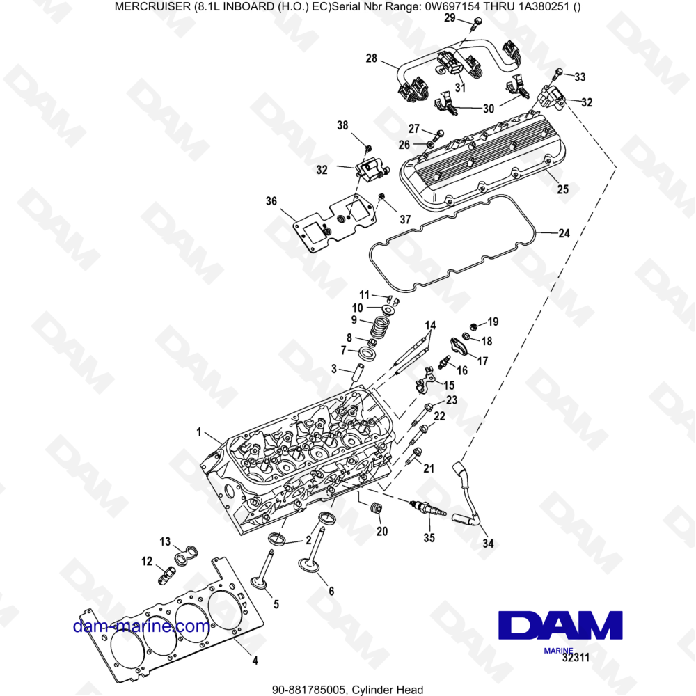 Vue éclatée TESTATA DEL CILINDRO pour moteur MERCRUISER 8.1L INBOARD (H.O)