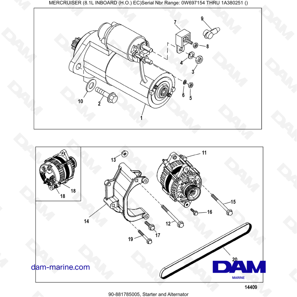 Vue éclatée MOTORINO DI AVVIAMENTO E ALTERNATORE pour moteur MERCRUISER 8.1L INBOARD (H.O)