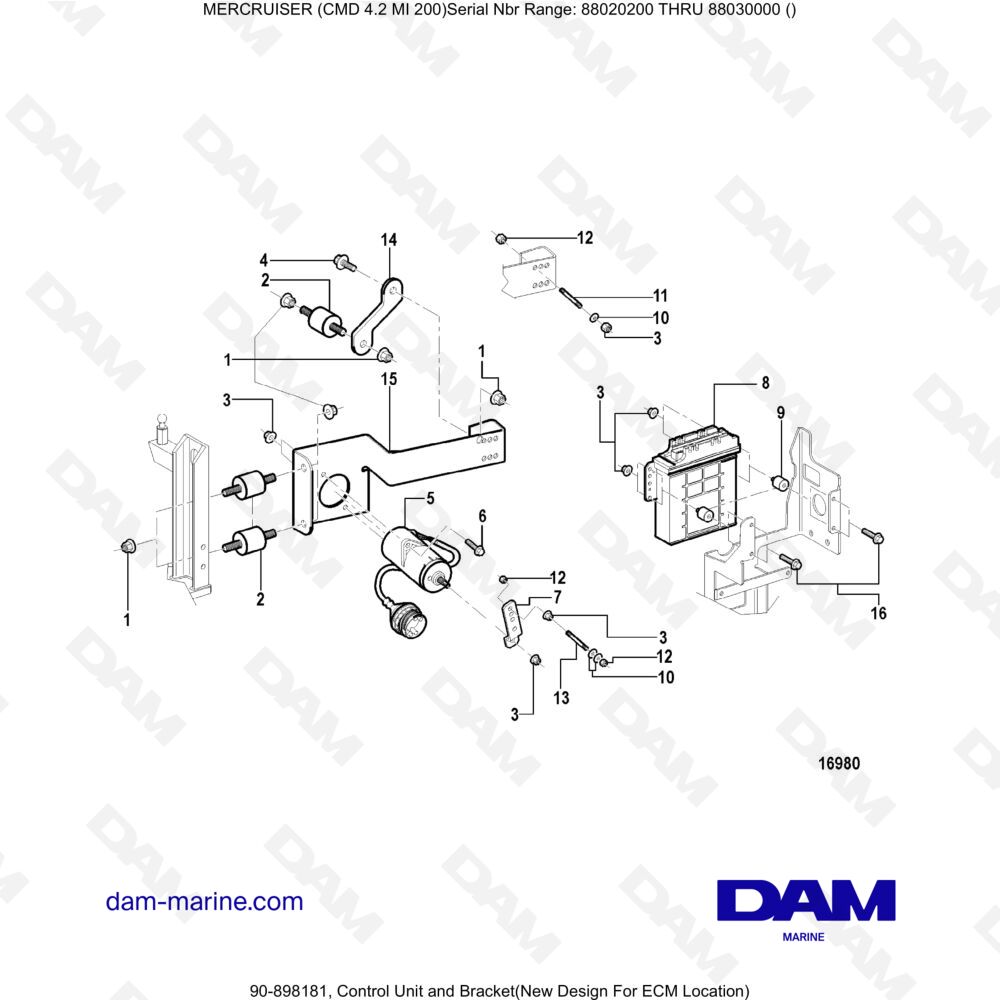 Vue éclatée CONTROL UNIT AND SUPPORT pour moteur MERCRUISER CMD 4.2 MI 200