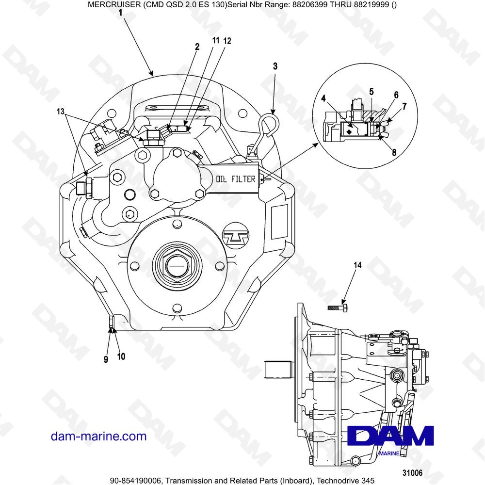Vue éclatée TRASMISSIONE E PARTI CORRELATE (ENTROBORDO), TECHNODRIVE 345 pour moteur MERCRUISER CMD QSD 2.0 ES 130