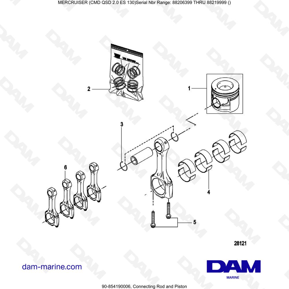 Vue éclatée BIELLE ET PISTON pour moteur Mercruiser CMD QSD 2.0 ES 150
