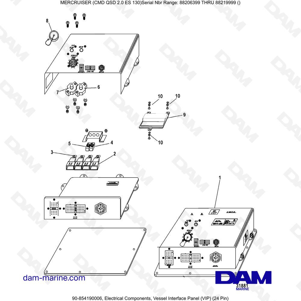 Vue éclatée COMPOSANTS ÉLECTRIQUES, PANNEAU D'INTERFACE DE NAVIRE (VIP) (24 BROCHES) pour moteur Mercruiser CMD QSD 2.0 ES 150