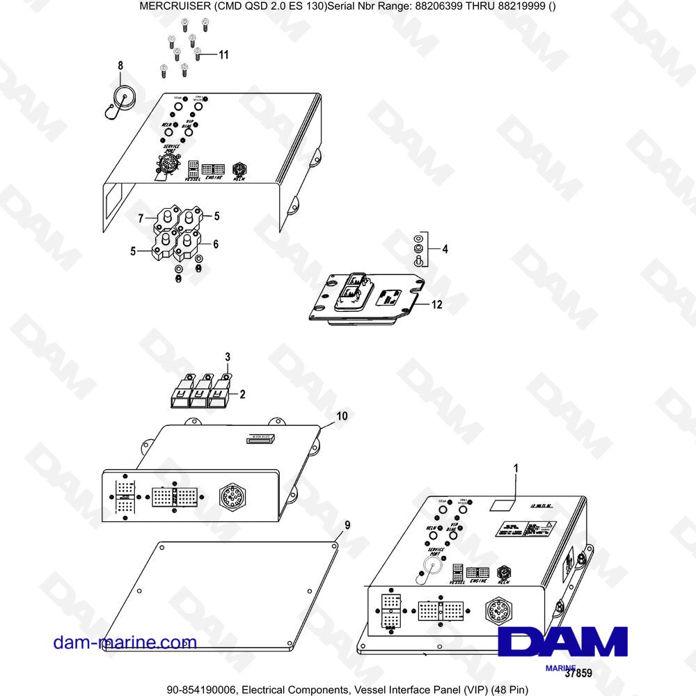 Vue éclatée COMPOSANTS ÉLECTRIQUES, PANNEAU D'INTERFACE DU RÉCIPIENT (VIP) (48 BROCHES) pour moteur Mercruiser CMD QSD 2.0 ES 150