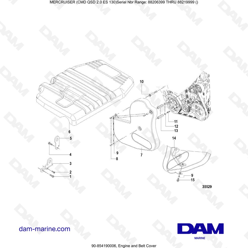 Vue éclatée COUVERCLE DU MOTEUR ET DE LA COURROIE pour moteur Mercruiser CMD QSD 2.0 ES 150