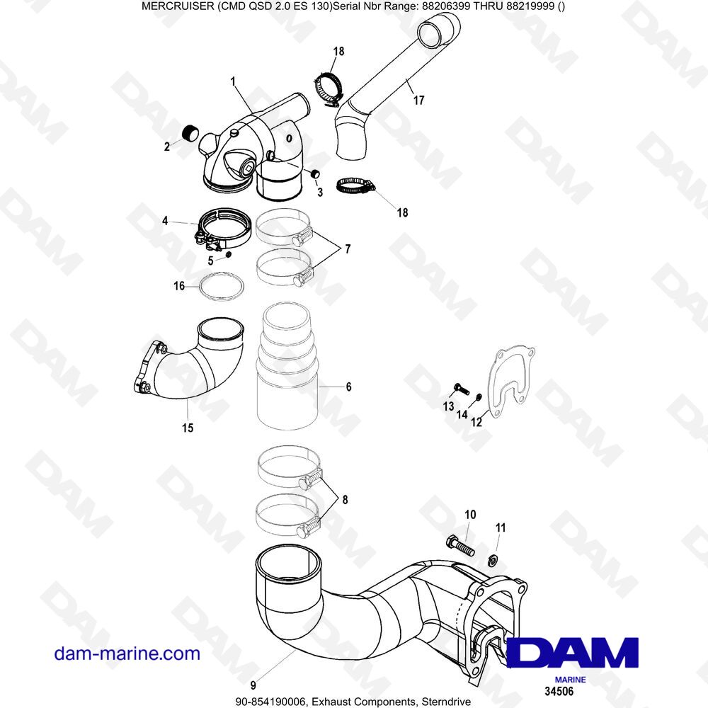 Vue éclatée COMPOSANTS D'ÉCHAPPEMENT, TRANSMISSION INTÉRIEURE pour moteur Mercruiser CMD QSD 2.0 ES 150