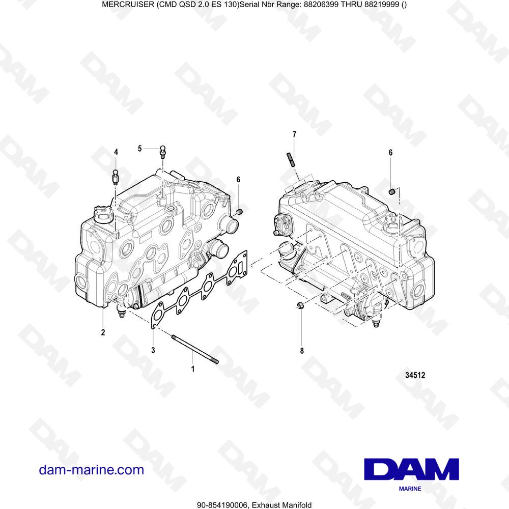 Vue éclatée COLLECTEUR D'ÉCHAPPEMENT pour moteur Mercruiser CMD QSD 2.0 ES 150
