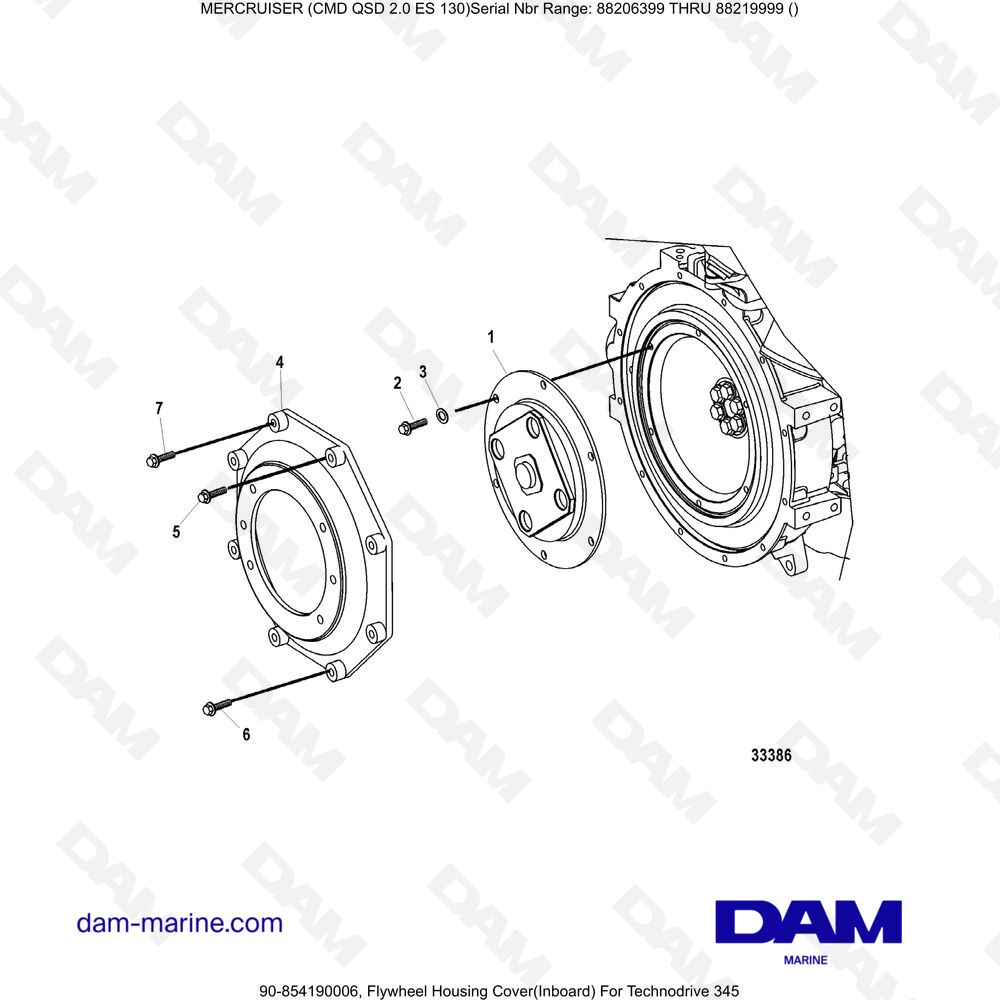 Vue éclatée COUVERCLE DE CARTER DE VOLANT MOTEUR (INTÉRIEUR) POUR TECHNODRIVE 345 pour moteur Mercruiser CMD QSD 2.0 ES 150