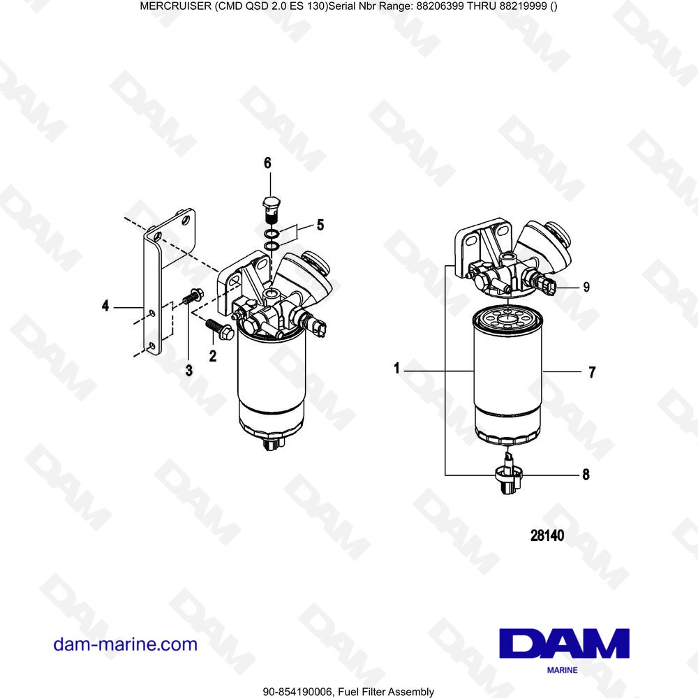 Vue éclatée ENSEMBLE FILTRE À CARBURANT pour moteur Mercruiser CMD QSD 2.0 ES 150