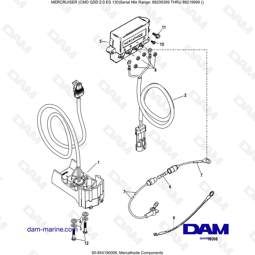 Vue éclatée COMPOSANTS DE MERCATHODE pour moteur Mercruiser CMD QSD 2.0 ES 150