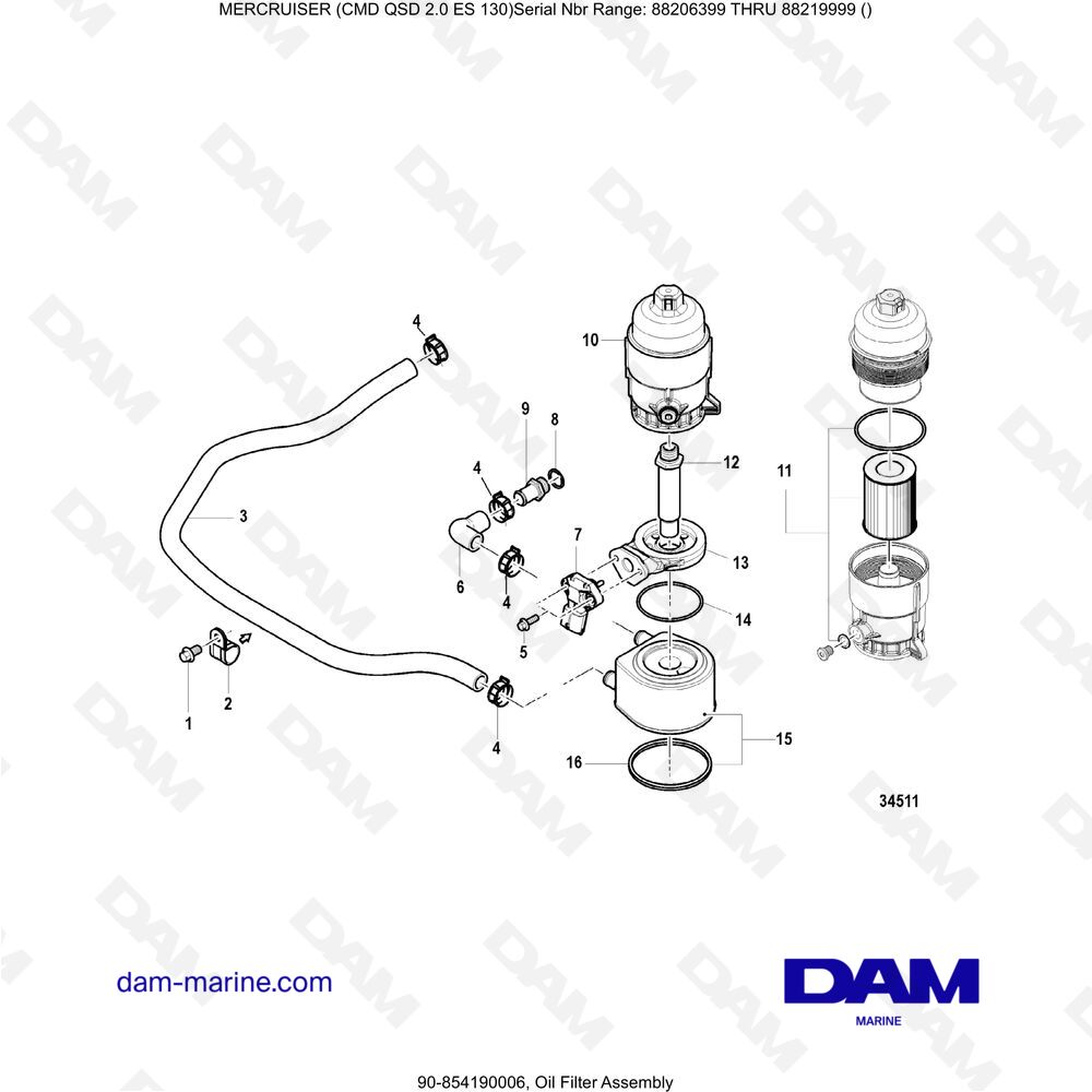 Vue éclatée ENSEMBLE FILTRE À HUILE pour moteur Mercruiser CMD QSD 2.0 ES 150