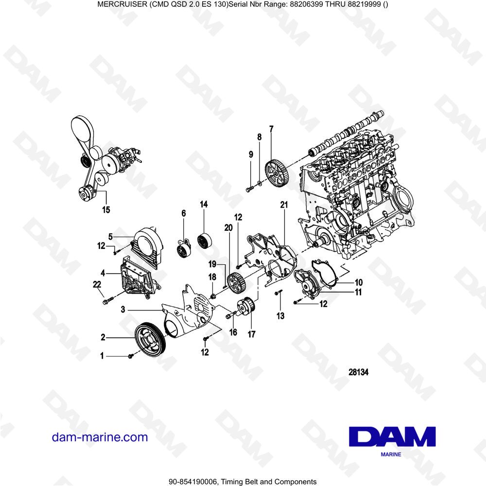 Vue éclatée COURROIE DE DISTRIBUTION ET COMPOSANTS pour moteur Mercruiser CMD QSD 2.0 ES 150