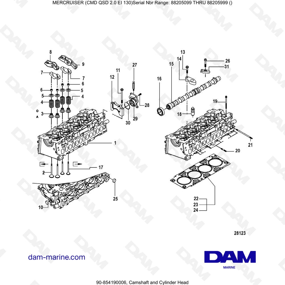 Vue éclatée ÁRBOL DE LEVAS Y CULATA pour moteur Mercruiser CMD QSD 2.0 EI 130