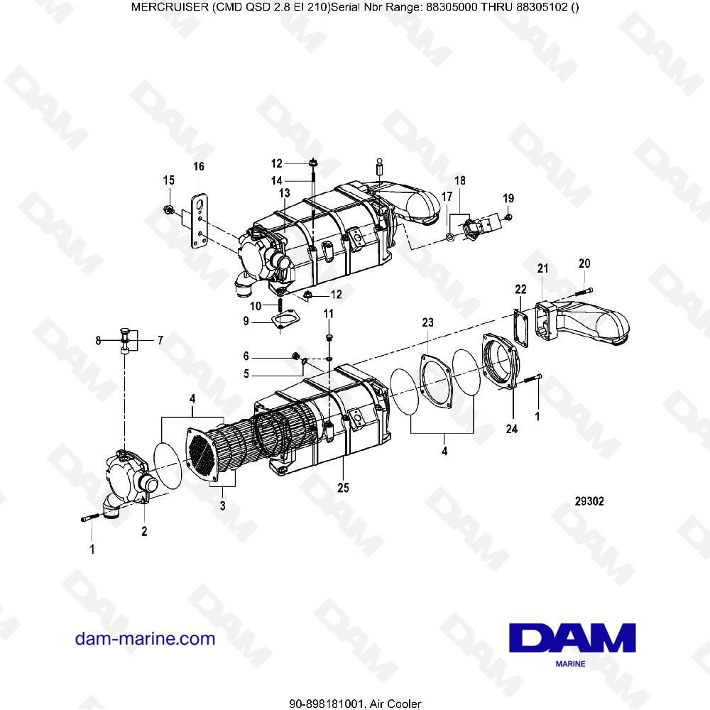 Vue éclatée REFROIDISSEUR D'AIR pour moteur MERCRUISER CMD QSD 2.8 EI 220
