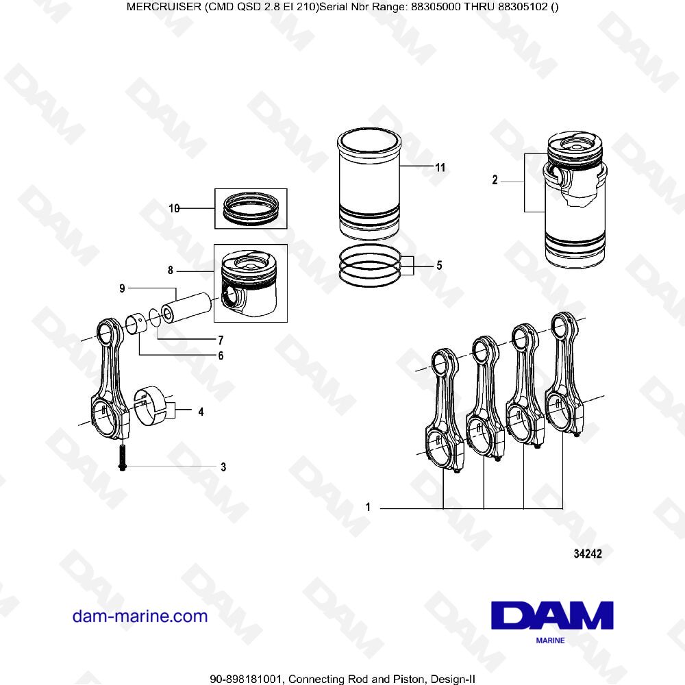 Vue éclatée CONNECTING ROD AND PISTON (2) pour moteur MERCRUISER CMD QSD 2.8 EI 210