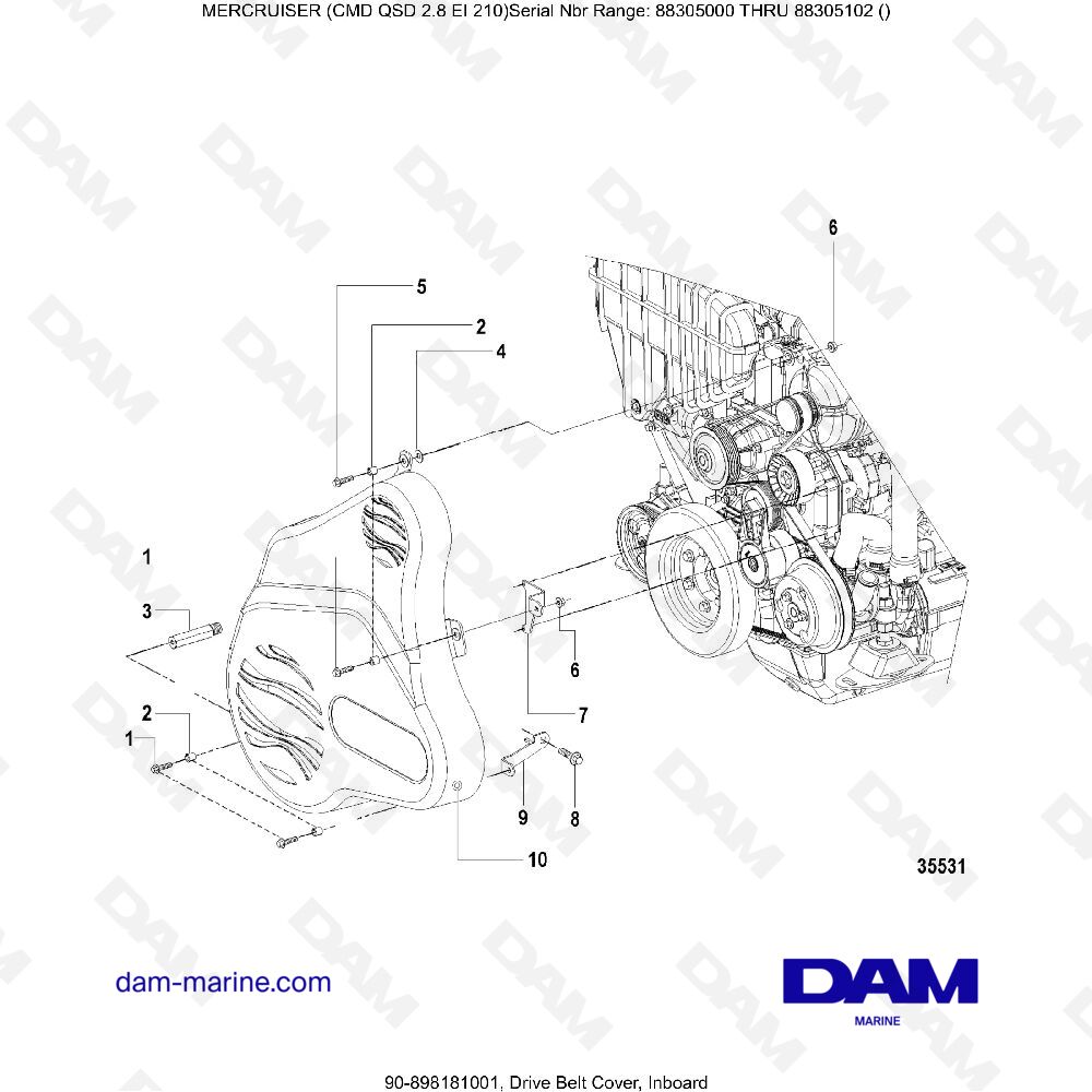 Vue éclatée DRIVE BELT COVER, INTERIOR pour moteur MERCRUISER CMD QSD 2.8 EI 210