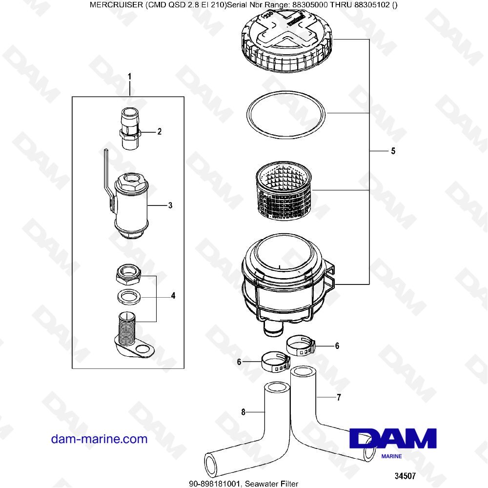 Vue éclatée SEAWATER FILTER pour moteur MERCRUISER CMD QSD 2.8 EI 210