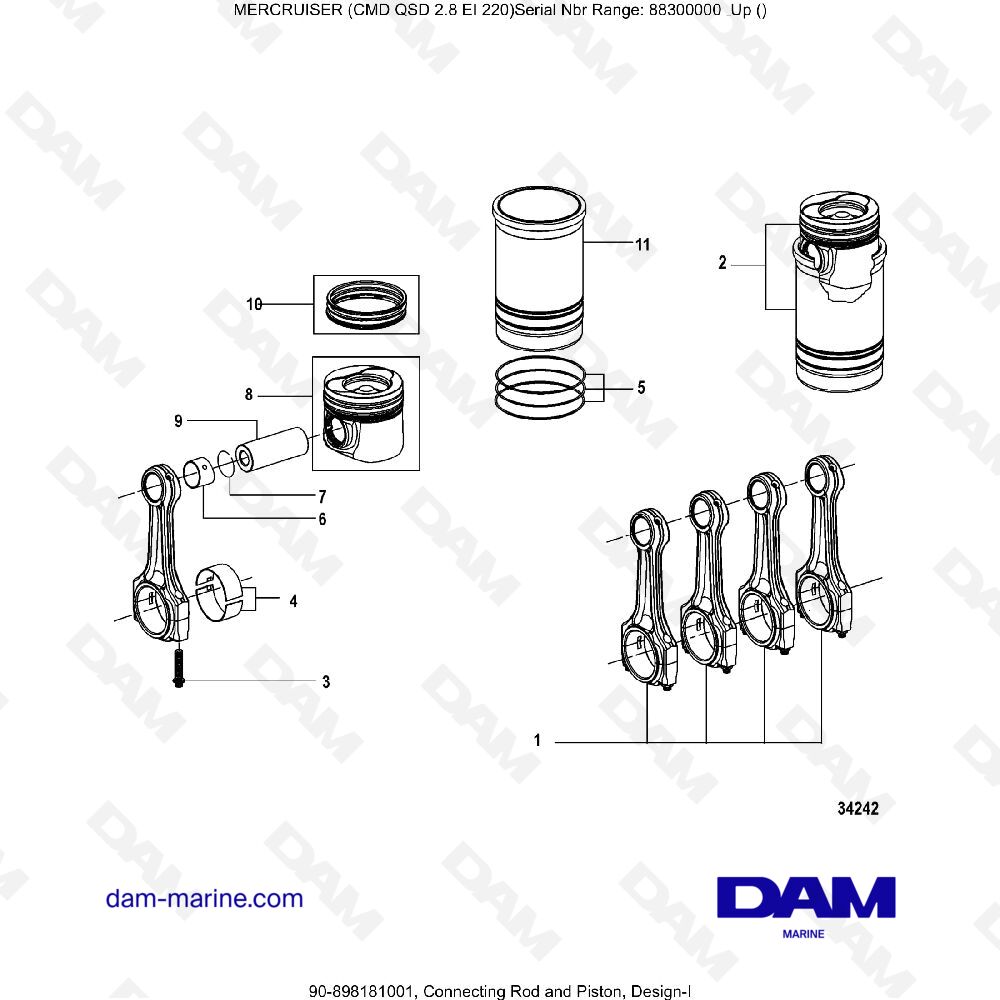Vue éclatée BIELLE ET PISTON (1) pour moteur MERCRUISER CMD QSD 2.8 EI 220