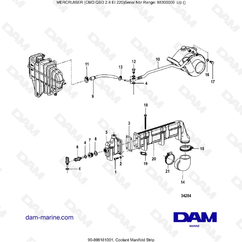 Vue éclatée BANDE DU COLLECTEUR DE LIQUIDE DE REFROIDISSEMENT pour moteur MERCRUISER CMD QSD 2.8 EI 220