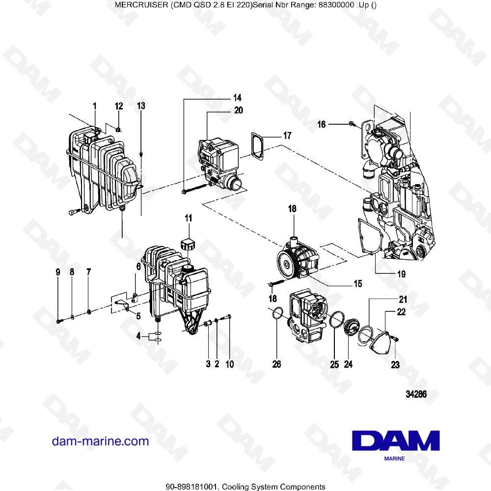 Vue éclatée COMPOSANTS DU SYSTÈME DE REFROIDISSEMENT pour moteur MERCRUISER CMD QSD 2.8 EI 220