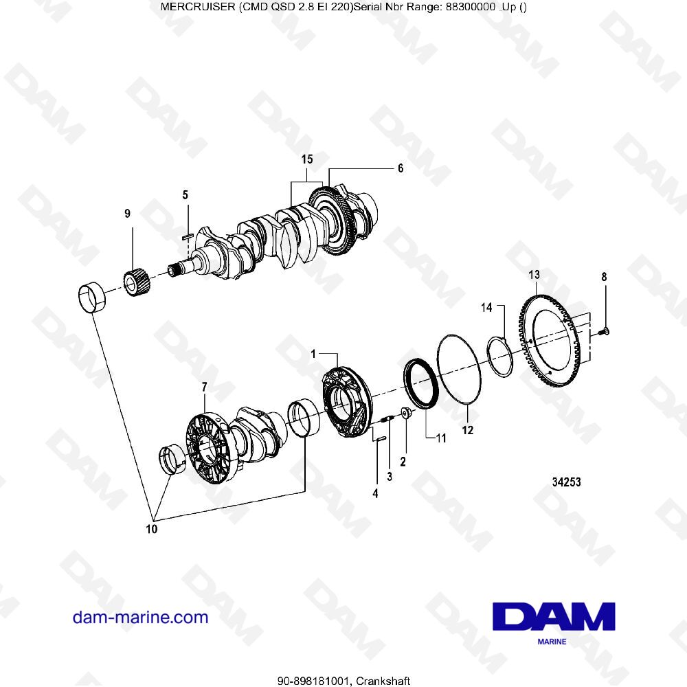 Vue éclatée VILEBREQUIN pour moteur MERCRUISER CMD QSD 2.8 EI 220