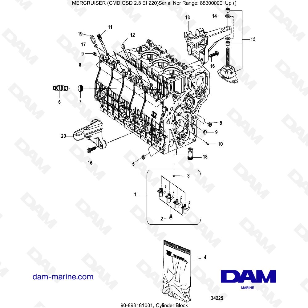 Vue éclatée BLOC-CYLINDRES pour moteur MERCRUISER CMD QSD 2.8 EI 220