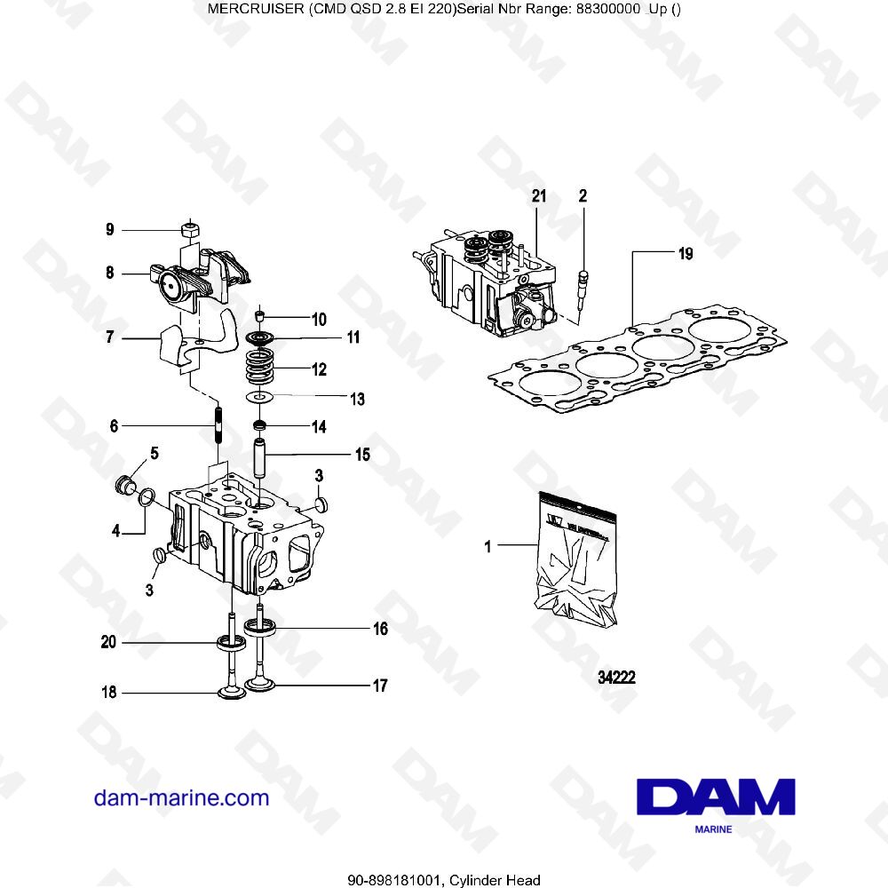 Vue éclatée CULASSE pour moteur MERCRUISER CMD QSD 2.8 EI 220