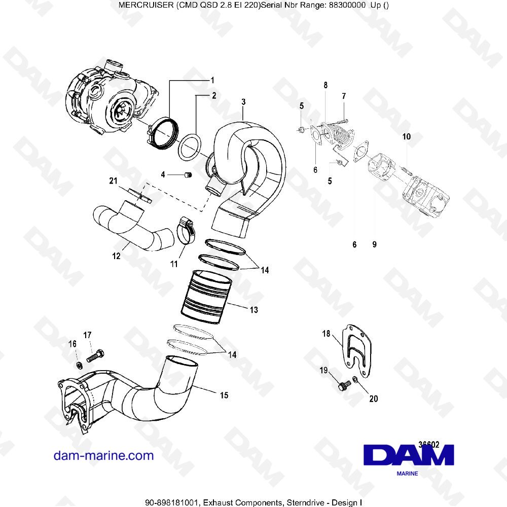 Vue éclatée COMPOSANTS D'ÉCHAPPEMENT, TRANSMISSION INTÉRIEURE (1) pour moteur MERCRUISER CMD QSD 2.8 EI 220