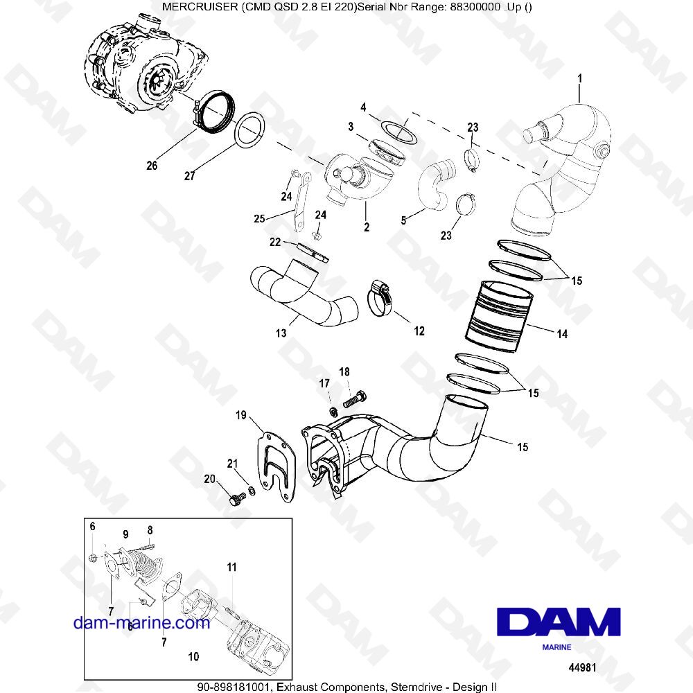 Vue éclatée COMPOSANTS D'ÉCHAPPEMENT, TRANSMISSION INTÉRIEURE (2) pour moteur MERCRUISER CMD QSD 2.8 EI 220