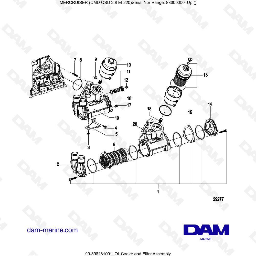 Vue éclatée ENSEMBLE REFROIDISSEUR D'HUILE ET FILTRE pour moteur MERCRUISER CMD QSD 2.8 EI 220