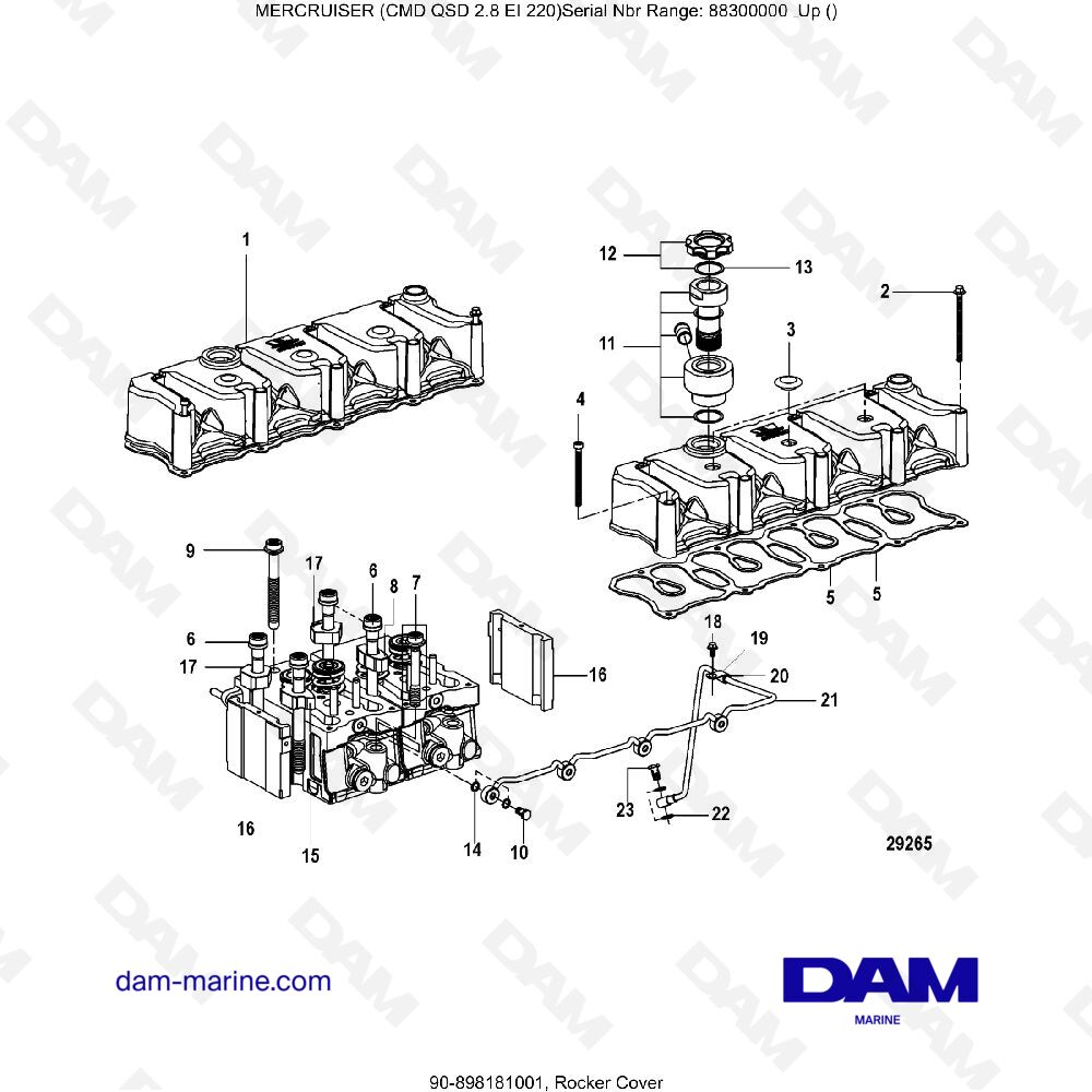 Vue éclatée COUVERCLE DE ROCKER pour moteur MERCRUISER CMD QSD 2.8 EI 220