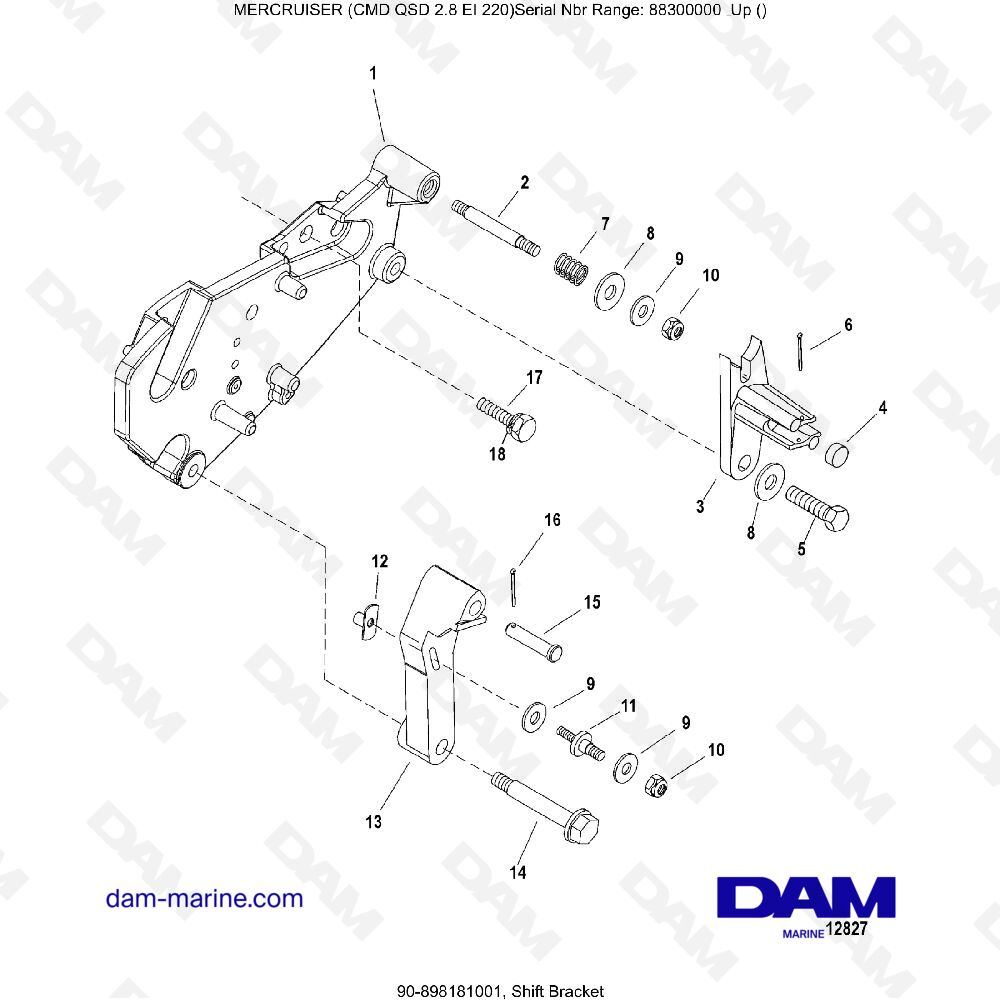 Vue éclatée SUPPORT DE LEVIER DE VITESSES pour moteur MERCRUISER CMD QSD 2.8 EI 220