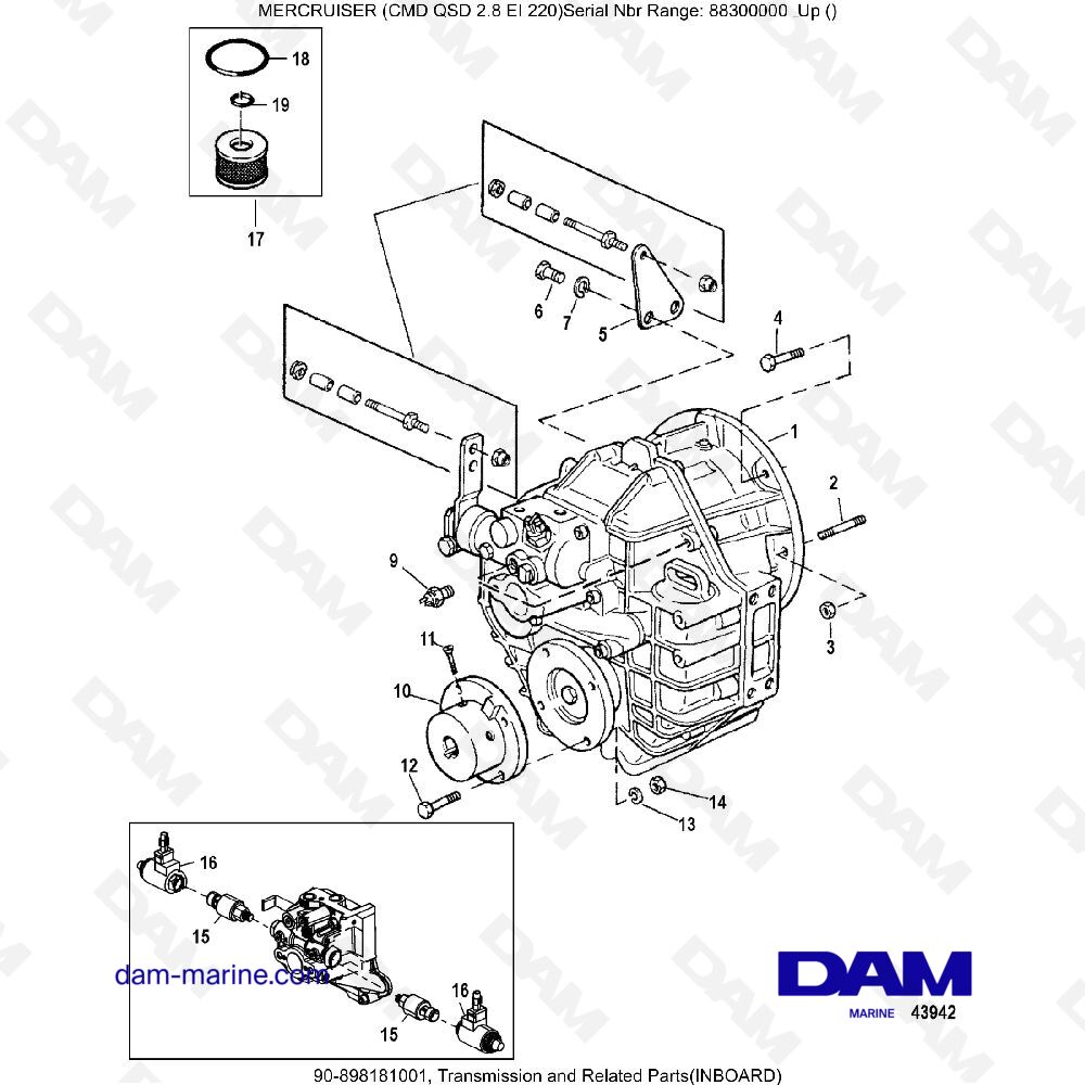 Vue éclatée TRANSMISSION ET PIÈCES CONNEXES (INTÉRIEUR) pour moteur MERCRUISER CMD QSD 2.8 EI 220