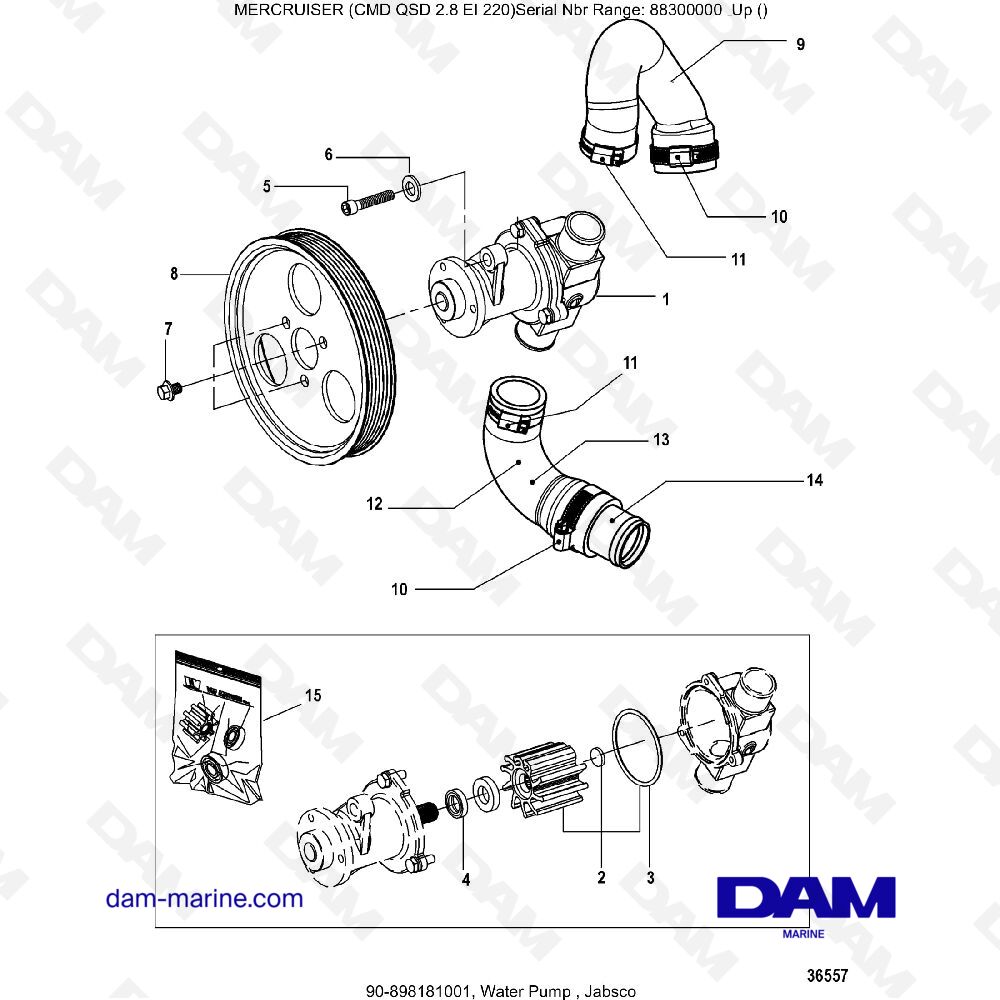 Vue éclatée POMPE À EAU, JABSCO pour moteur MERCRUISER CMD QSD 2.8 EI 220