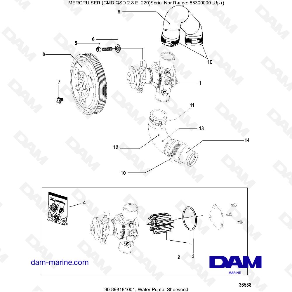 Vue éclatée POMPE À EAU, SHERWOOD pour moteur MERCRUISER CMD QSD 2.8 EI 220